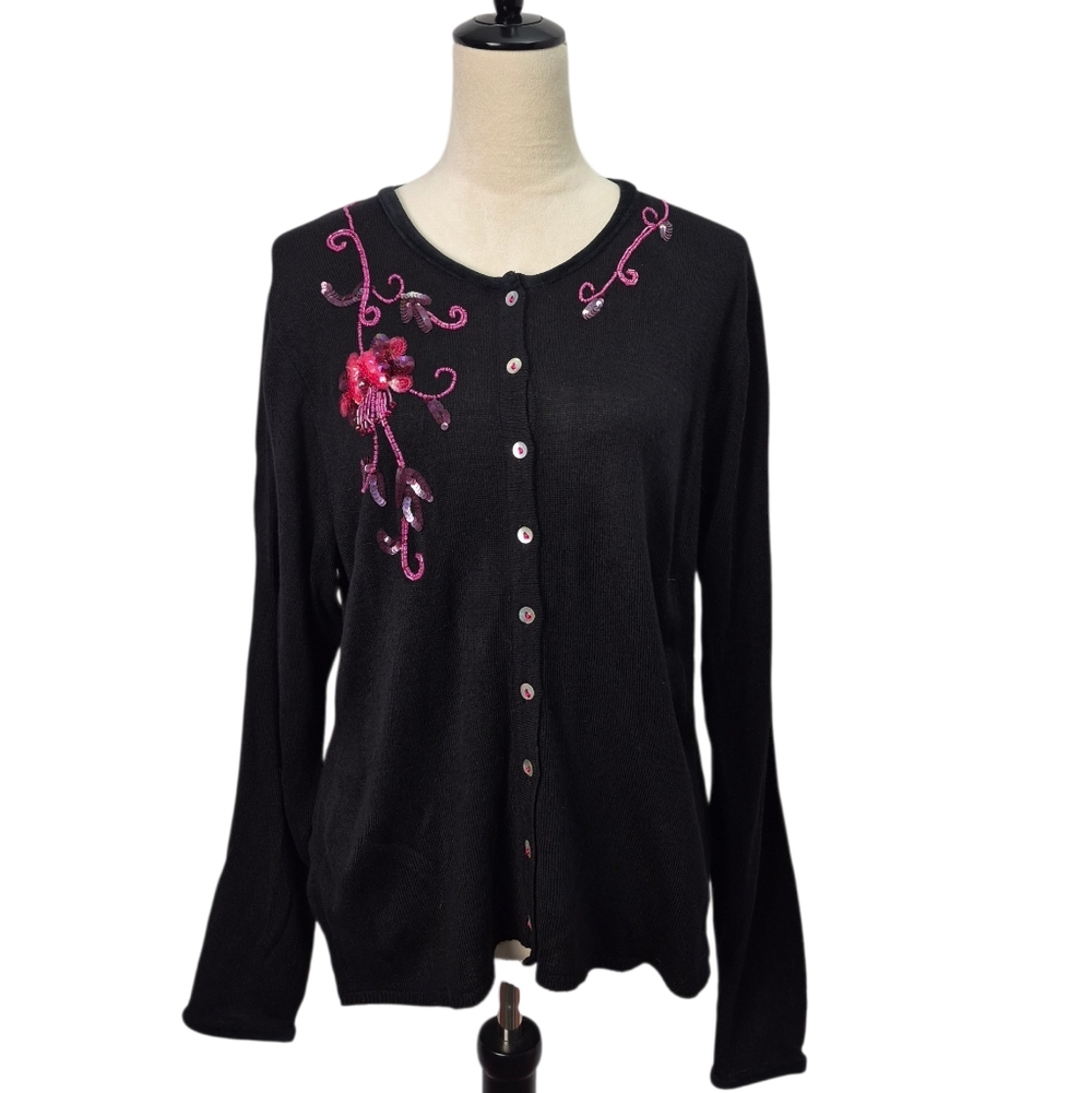 VTG April Cornell Floral Whimsigoth Embellished Cardigan Sequin Sz L Retro Y2K